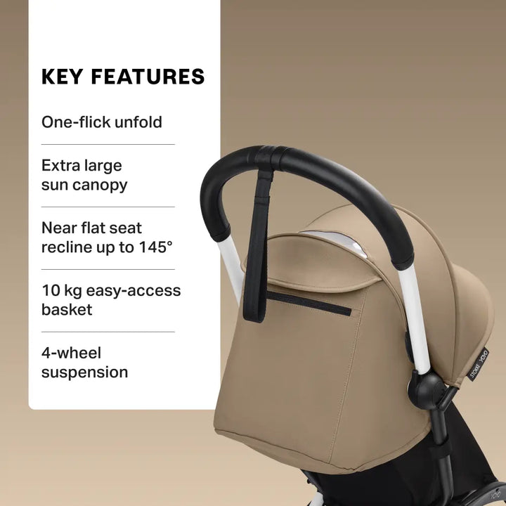 Stokke YOYO3 Stroller | Lightweight Compact Travel Stroller for Babies | Cabin Friendly &amp; Foldable | UPF 50+ Sun Protection | 5 Point Safety Harness | Award Winning Design | YOYO Stroller India | 6 Months to 4 Years – White/Toffee