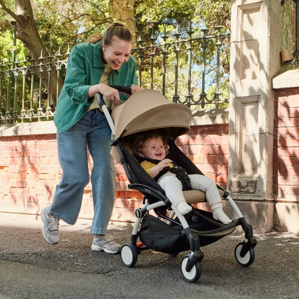 Stokke YOYO3 Stroller | Lightweight Compact Travel Stroller for Babies | Cabin Friendly &amp; Foldable | UPF 50+ Sun Protection | 5 Point Safety Harness | Award Winning Design | YOYO Stroller India | 6 Months to 4 Years – White/Toffee