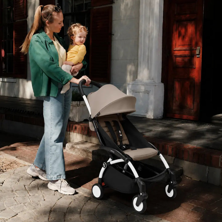 Stokke YOYO3 Stroller | Lightweight Compact Travel Stroller for Babies | Cabin Friendly &amp; Foldable | UPF 50+ Sun Protection | 5 Point Safety Harness | Award Winning Design | YOYO Stroller India | 6 Months to 4 Years – White/Toffee