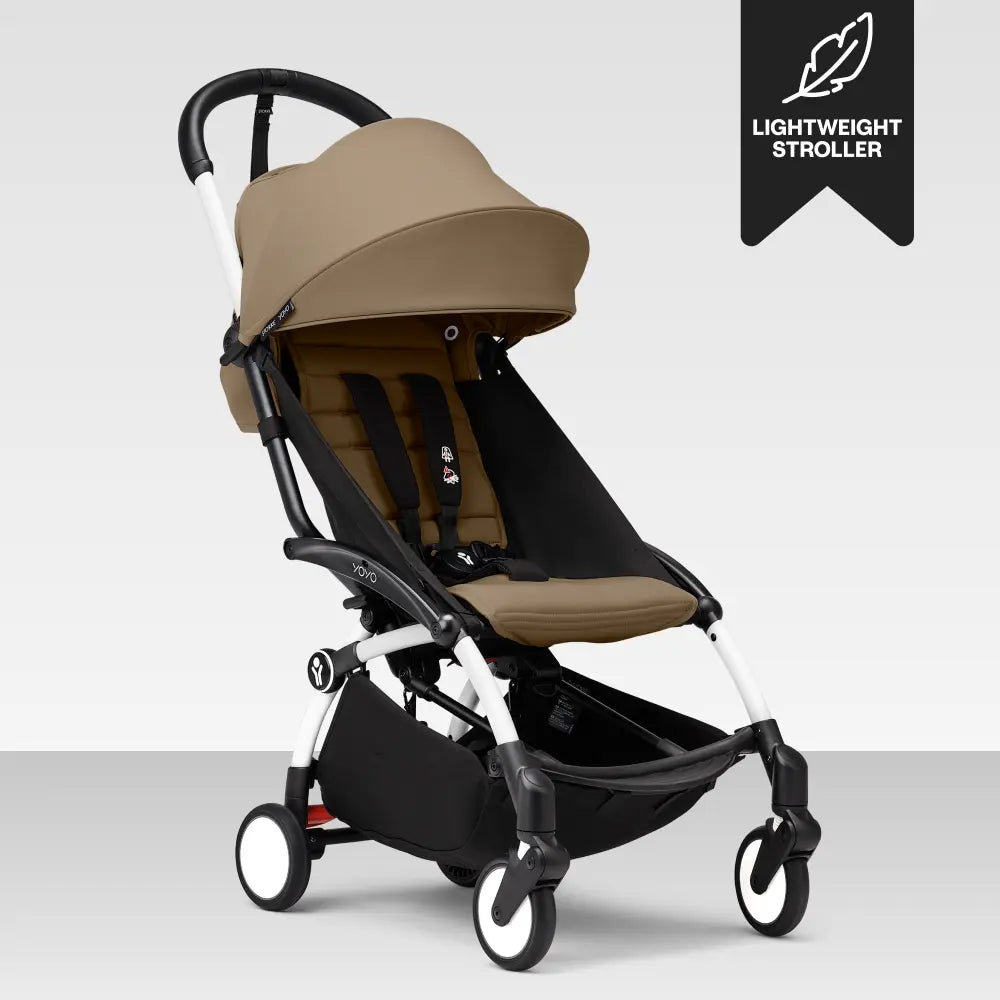 Stokke YOYO3 Stroller | Lightweight Compact Travel Stroller for Babies | Cabin Friendly &amp; Foldable | UPF 50+ Sun Protection | 5 Point Safety Harness | Award Winning Design | YOYO Stroller India | 6 Months to 4 Years – White/Toffee