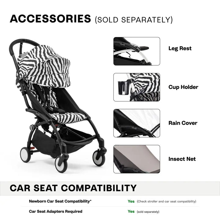 Stokke YOYO3 Stroller | Lightweight Compact Travel Stroller for Babies | Cabin Friendly &amp; Foldable | UPF 50+ Sun Protection | 5 Point Safety Harness | Award Winning Design | YOYO Stroller India | 6 Months to 4 Years - Black/Zebra