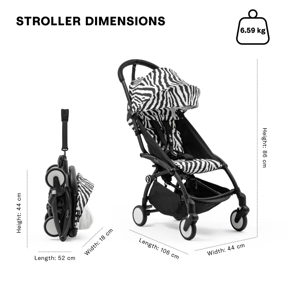 Stokke YOYO3 Stroller | Lightweight Compact Travel Stroller for Babies | Cabin Friendly &amp; Foldable | UPF 50+ Sun Protection | 5 Point Safety Harness | Award Winning Design | YOYO Stroller India | 6 Months to 4 Years - Black/Zebra