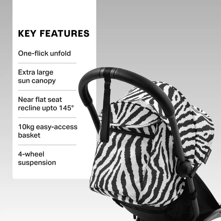 Stokke YOYO3 Stroller | Lightweight Compact Travel Stroller for Babies | Cabin Friendly &amp; Foldable | UPF 50+ Sun Protection | 5 Point Safety Harness | Award Winning Design | YOYO Stroller India | 6 Months to 4 Years - Black/Zebra