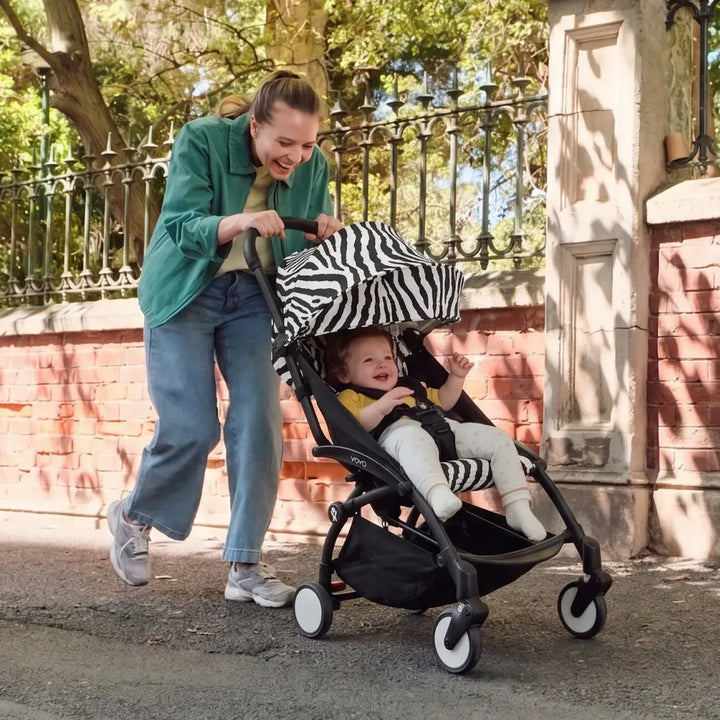 Stokke YOYO3 Stroller | Lightweight Compact Travel Stroller for Babies | Cabin Friendly &amp; Foldable | UPF 50+ Sun Protection | 5 Point Safety Harness | Award Winning Design | YOYO Stroller India | 6 Months to 4 Years - Black/Zebra