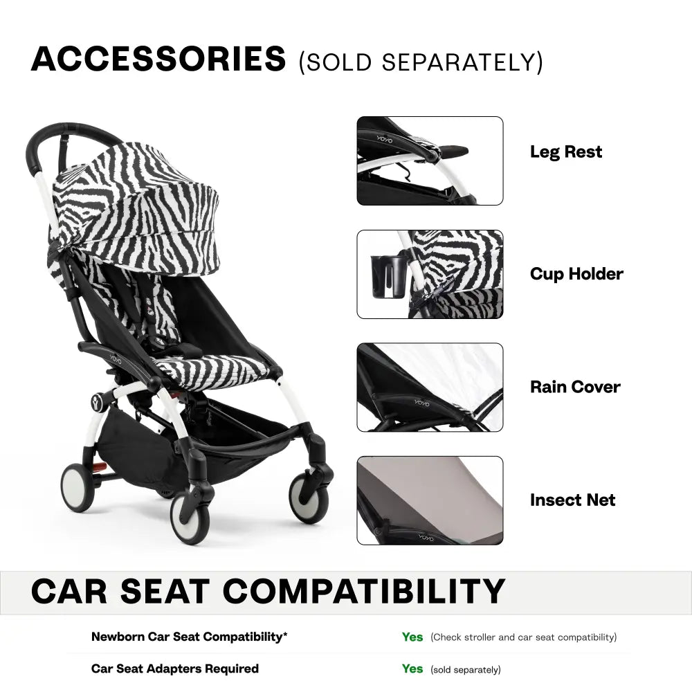 Stokke YOYO3 Stroller | Lightweight Compact Travel Stroller for Babies | Cabin Friendly &amp; Foldable | UPF 50+ Sun Protection | 5 Point Safety Harness | Award Winning Design | YOYO Stroller India | 6 Months to 4 Years – White/Zebra