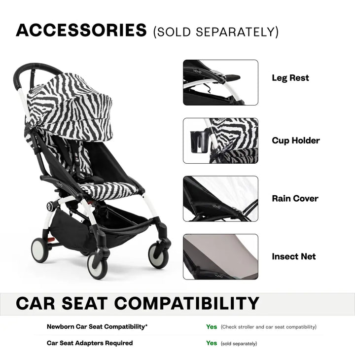 Stokke YOYO3 Stroller | Lightweight Compact Travel Stroller for Babies | Cabin Friendly &amp; Foldable | UPF 50+ Sun Protection | 5 Point Safety Harness | Award Winning Design | YOYO Stroller India | 6 Months to 4 Years – White/Zebra