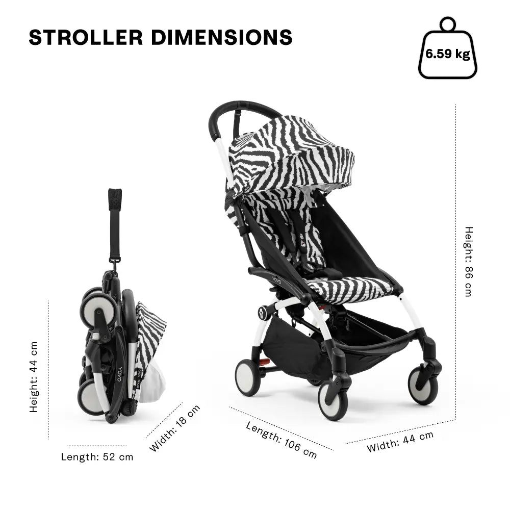 Stokke YOYO3 Stroller | Lightweight Compact Travel Stroller for Babies | Cabin Friendly &amp; Foldable | UPF 50+ Sun Protection | 5 Point Safety Harness | Award Winning Design | YOYO Stroller India | 6 Months to 4 Years – White/Zebra