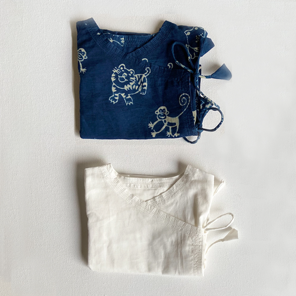 Whitewater Kids Unisex Organic Zoo Indigo &amp; White Angrakha Top (Set of 2)