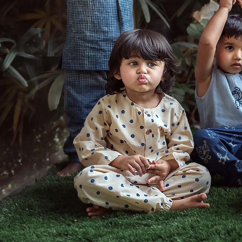 Whitewater Kids Unisex Organic Indigo Polka Kurta With Matching Pants