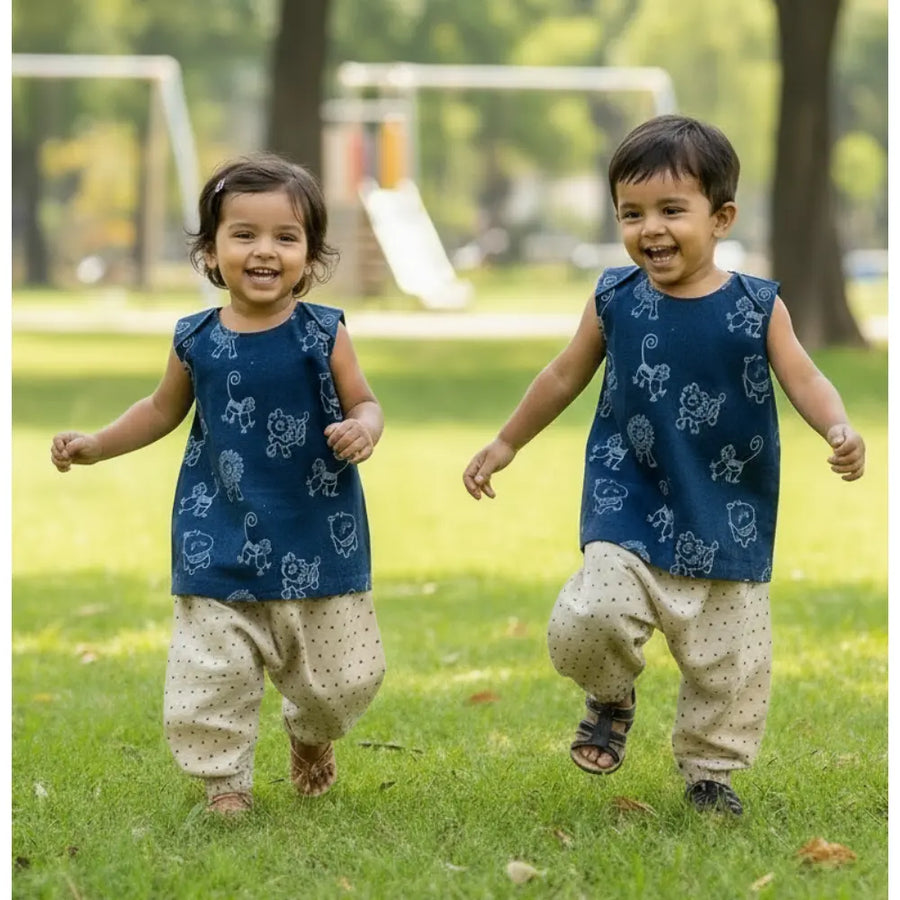Whitewater Kids Unisex Organic Zoo Jhabla With Indigo Raidana Pants