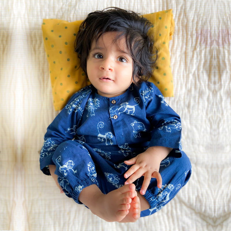 Whitewater Kids Unisex Organic Zoo Print Indigo Kurta & Pants