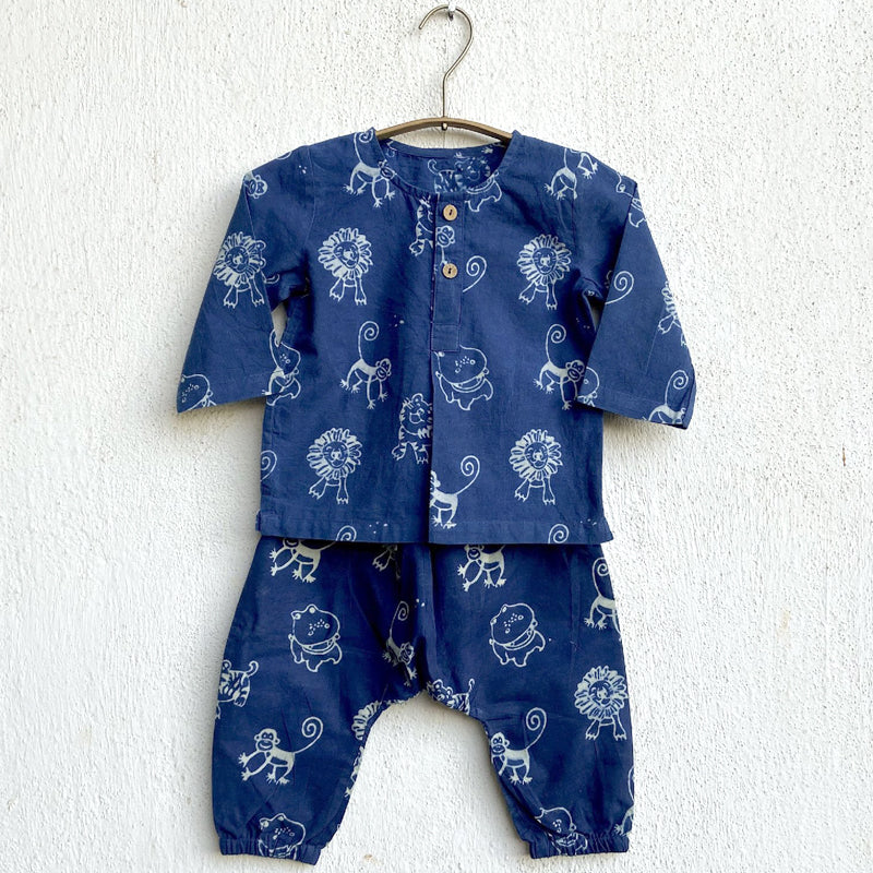 Whitewater Kids Unisex Organic Zoo Print Indigo Kurta &amp; Pants
