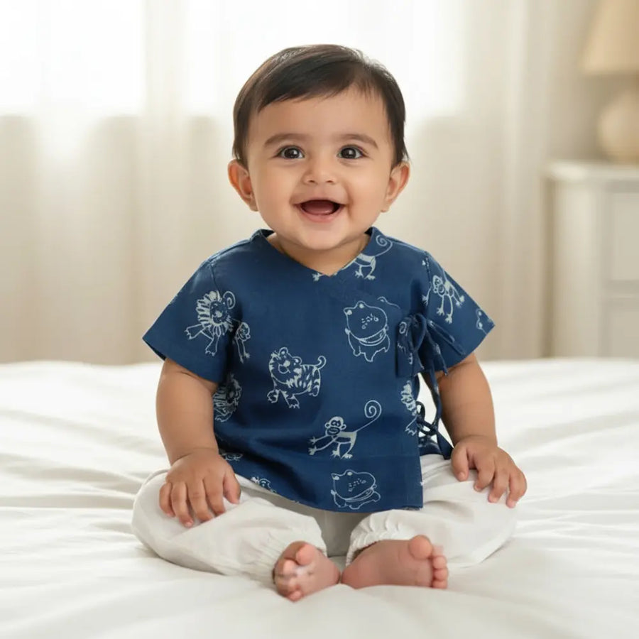 Whitewater Kids Unisex Organic Zoo Print Indigo Angarakha Top & White Pants