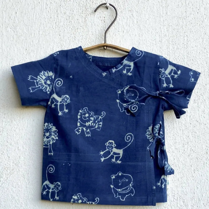Whitewater Kids Unisex Organic Zoo Print Indigo Angarakha Top &amp; White Pants