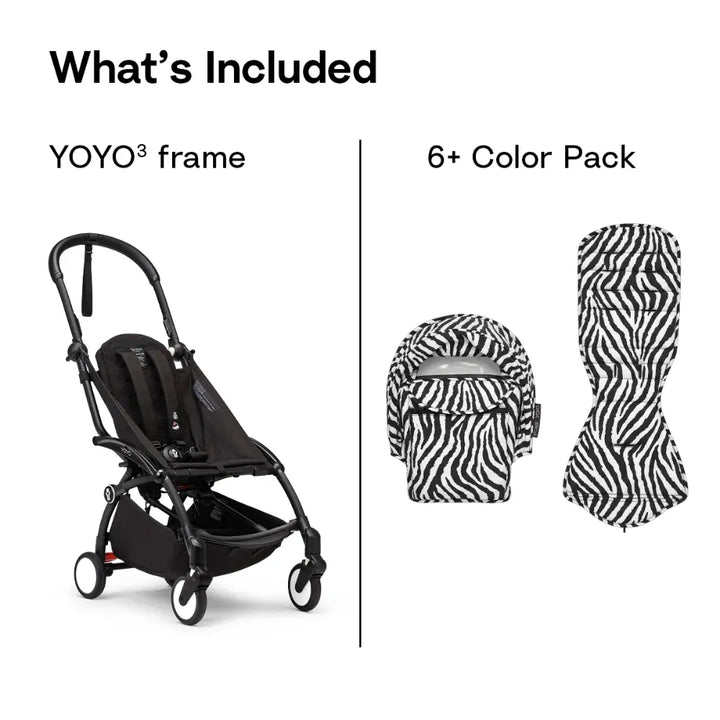 Stokke YOYO3 Stroller | Lightweight Compact Travel Stroller for Babies | Cabin Friendly &amp; Foldable | UPF 50+ Sun Protection | 5 Point Safety Harness | Award Winning Design | YOYO Stroller India | 6 Months to 4 Years - Black/Zebra