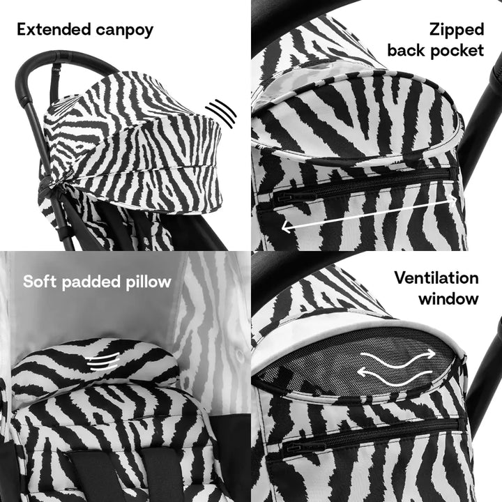 Stokke YOYO3 Stroller | Lightweight Compact Travel Stroller for Babies | Cabin Friendly &amp; Foldable | UPF 50+ Sun Protection | 5 Point Safety Harness | Award Winning Design | YOYO Stroller India | 6 Months to 4 Years - Black/Zebra
