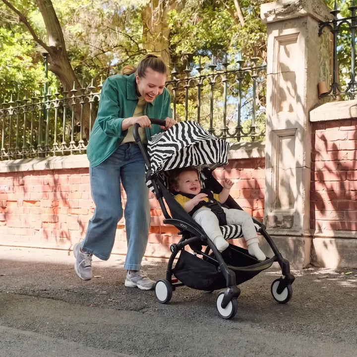 Stokke YOYO3 Stroller | Lightweight Compact Travel Stroller for Babies | Cabin Friendly &amp; Foldable | UPF 50+ Sun Protection | 5 Point Safety Harness | Award Winning Design | YOYO Stroller India | 6 Months to 4 Years - Black/Zebra