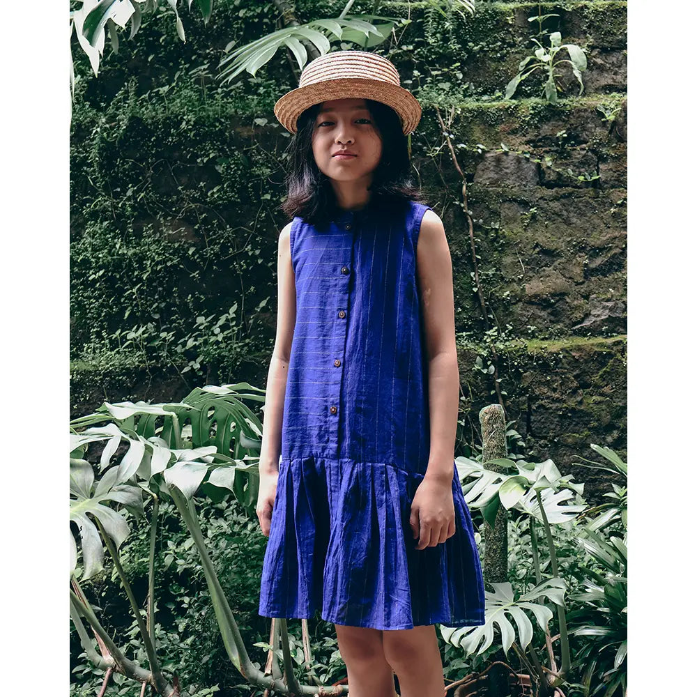 Love The World Today ‘Pitter Patter’ High Low Lined Dress In Blue Stripes In Handwoven Cotton - Blue