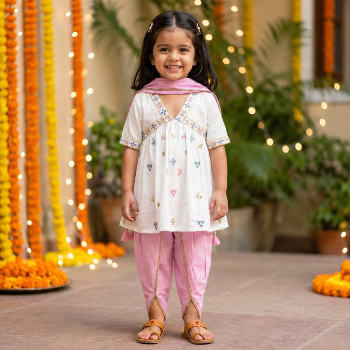 Bhaakur Organic Cotton Mirror Work Kurta Set For Girls - White
