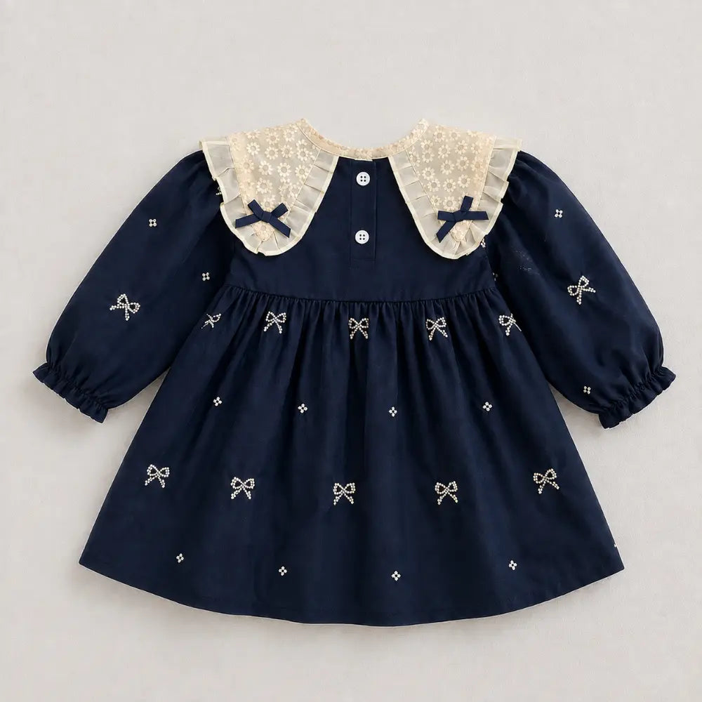 Pattuti Sustainable Cotton Embroidered Dress With Peter Pan Collar For Girls - Navy Blue