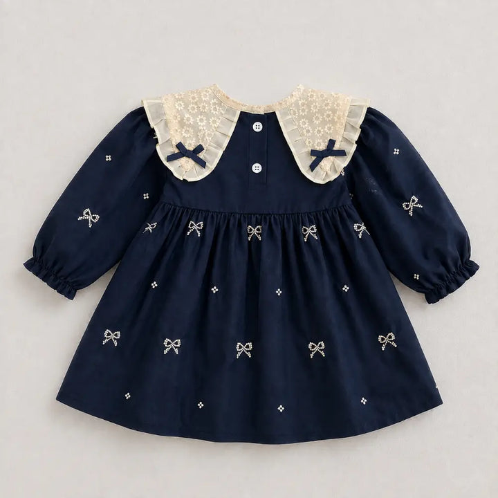 Pattuti Sustainable Cotton Embroidered Dress With Peter Pan Collar For Girls - Navy Blue