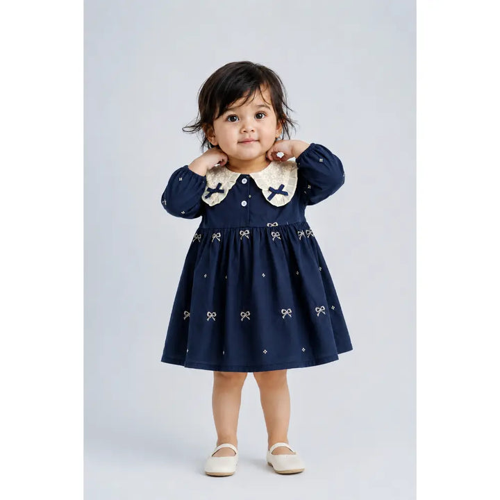 Pattuti Sustainable Cotton Embroidered Dress With Peter Pan Collar For Girls - Navy Blue