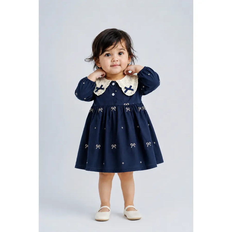 Pattuti Sustainable Cotton Embroidered Dress With Peter Pan Collar For Girls - Navy Blue