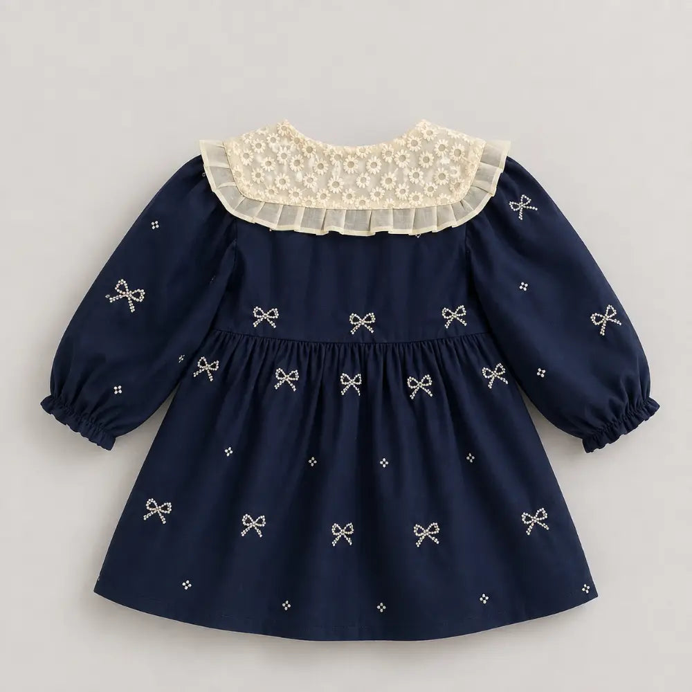 Pattuti Sustainable Cotton Embroidered Dress With Peter Pan Collar For Girls - Navy Blue