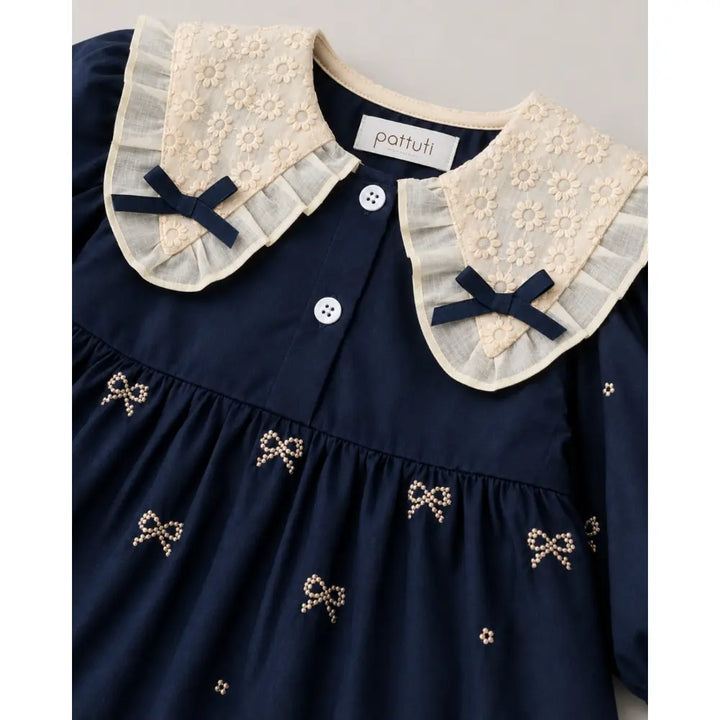 Pattuti Sustainable Cotton Embroidered Dress With Peter Pan Collar For Girls - Navy Blue
