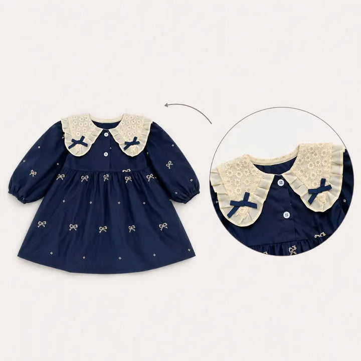 Pattuti Sustainable Cotton Embroidered Dress With Peter Pan Collar For Girls - Navy Blue