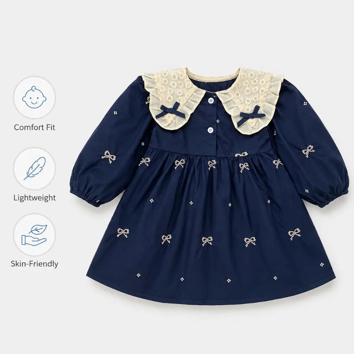 Pattuti Sustainable Cotton Embroidered Dress With Peter Pan Collar For Girls - Navy Blue