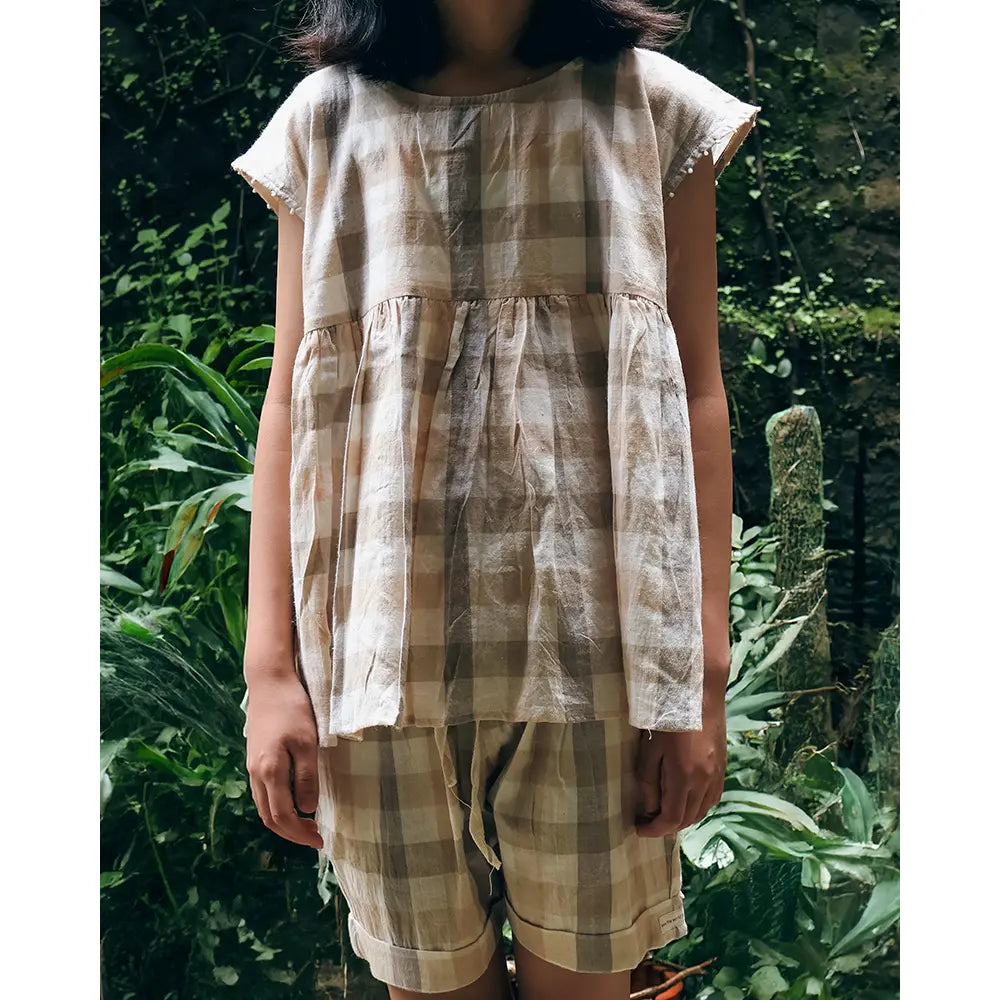 Love The World Today ‘Morning Mist’ Beige Off White Checks Handwoven Cotton Flowy Top - Beige