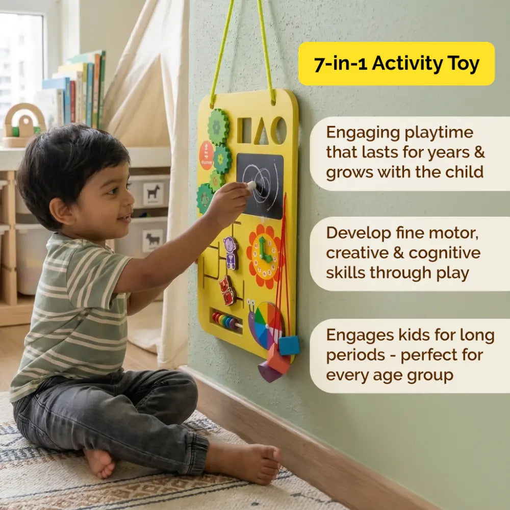 Shumee 7-in-1 Wooden Busy Board for Toddlers | Montessori Activity Board | Sensory Learning Toy | Fine Motor Skills Toy | Age 1+ Years