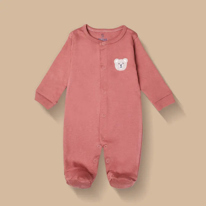 Prekies Newborn Cotton Sleepsuits Bear Face Print - Multi (Set of 3)