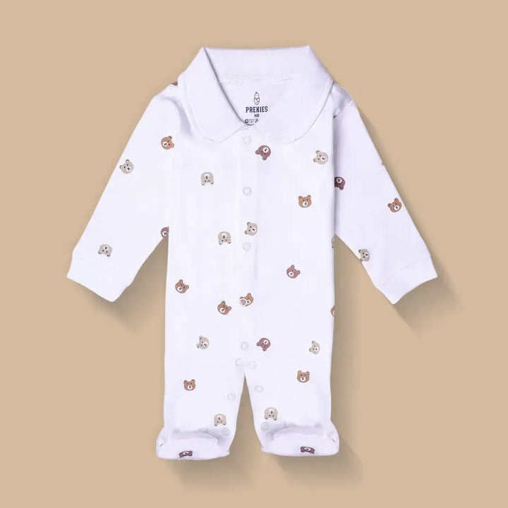 Prekies Newborn Cotton Sleepsuits Bear Face Print - Multi (Set of 3)