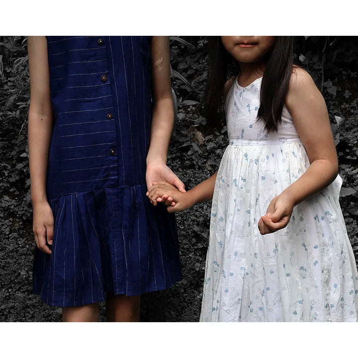 Love The World Today ‘Bloom’ White Floral Hand Block Print Halter Neck Girls Mal Dress - White