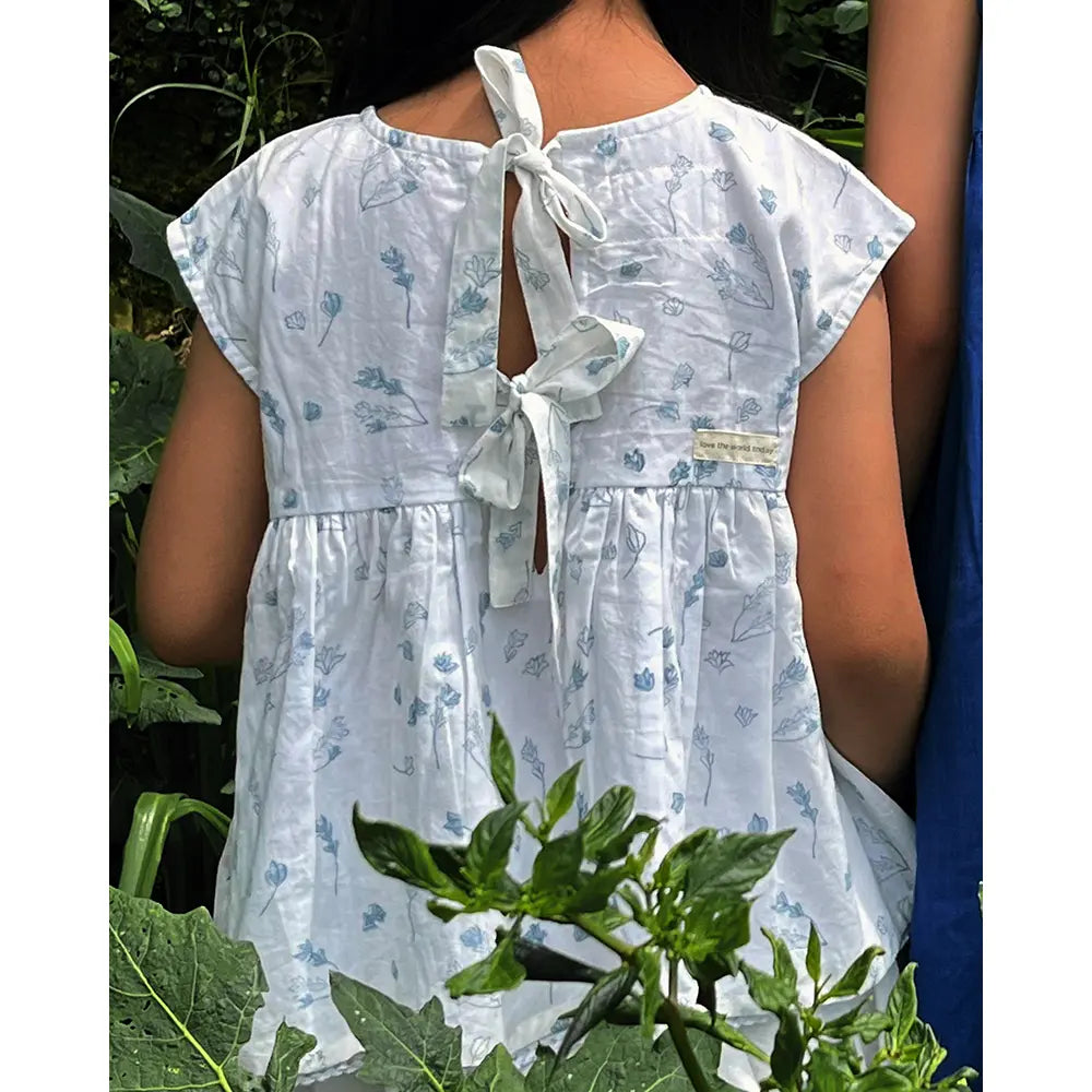 Love The World Today ‘Morning Mist’ Floral Hand Block Printed Cotton Mul Lined Flowy Top - White