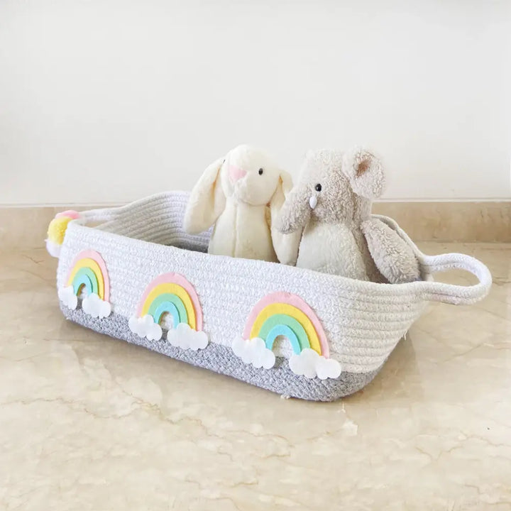 GWD Kids Grey Cotton Rope Hamper Basket - Rainbow