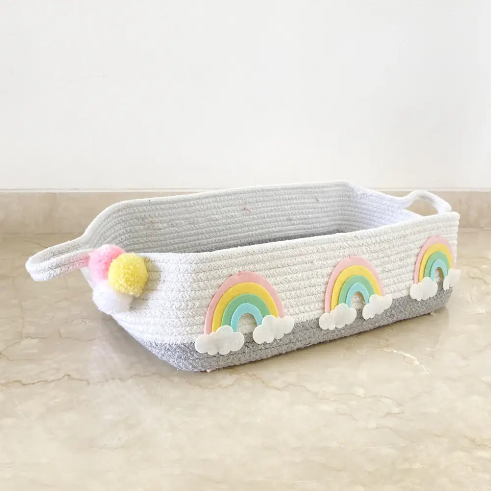 GWD Kids Grey Cotton Rope Hamper Basket - Rainbow
