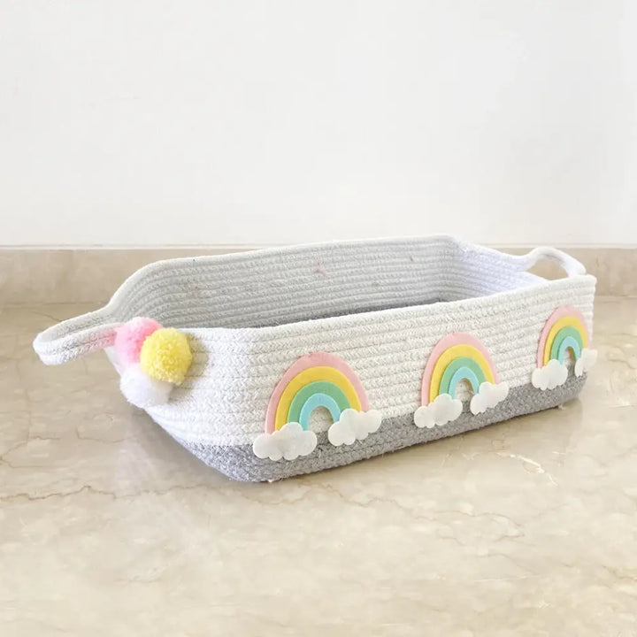 GWD Kids Grey Cotton Rope Hamper Basket - Rainbow