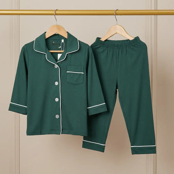 Bubz Bamboo Unisex Collared Pajama Set - Bottle Green