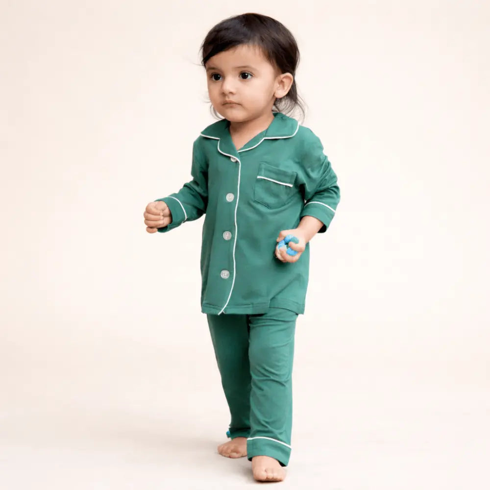 Bubz Bamboo Unisex Collared Pajama Set - Bottle Green