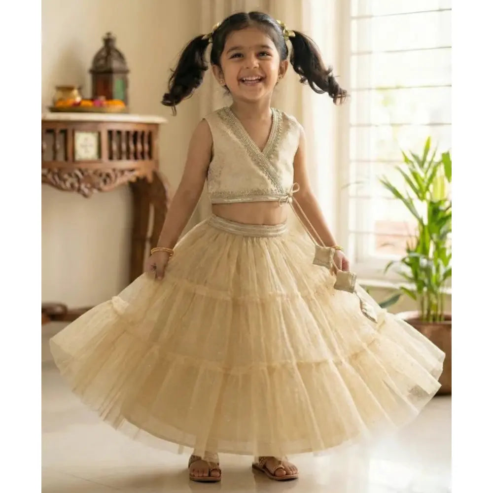 Sweetlime By AS Jacquard peplum Top with Golden Twirl Lehenga Set - Golden