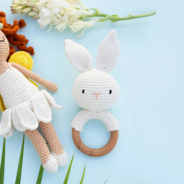 PureCloth.Co Timber Tots Crochet Bunny Rattle / Teether - Off-White