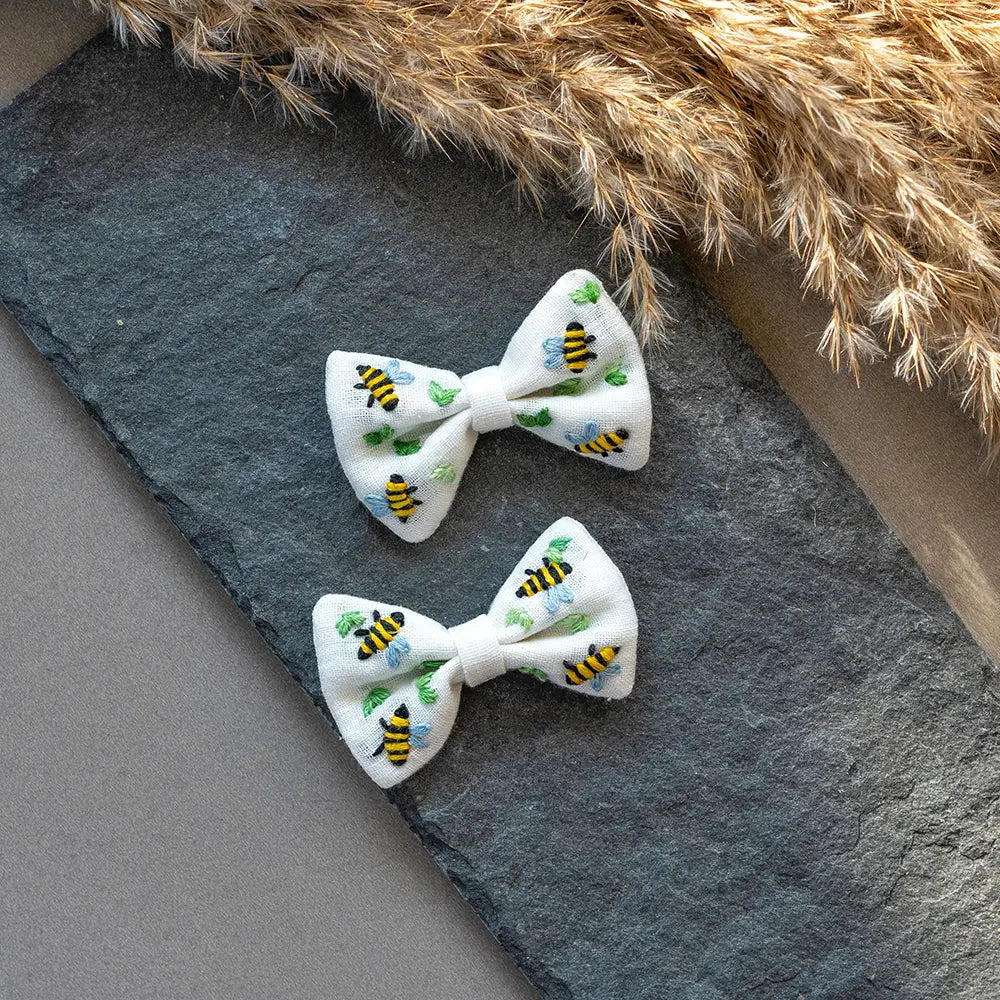 PureCloth.Co Bumble Bee Embroidered Cotton Hair Bows