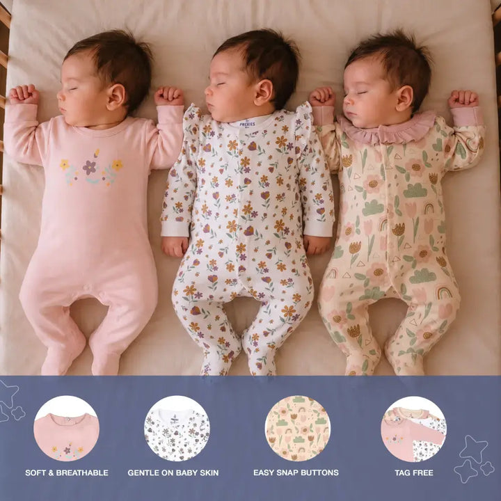 Prekies Newborn Baby Girl Cotton Sleepsuits Flower Print - Multi (Set of 3)