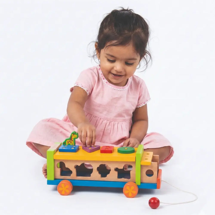 Shumee Wooden Animal Shape Sorter Pull Along Truck | Educational Wooden Toy for Kids 2+ Years