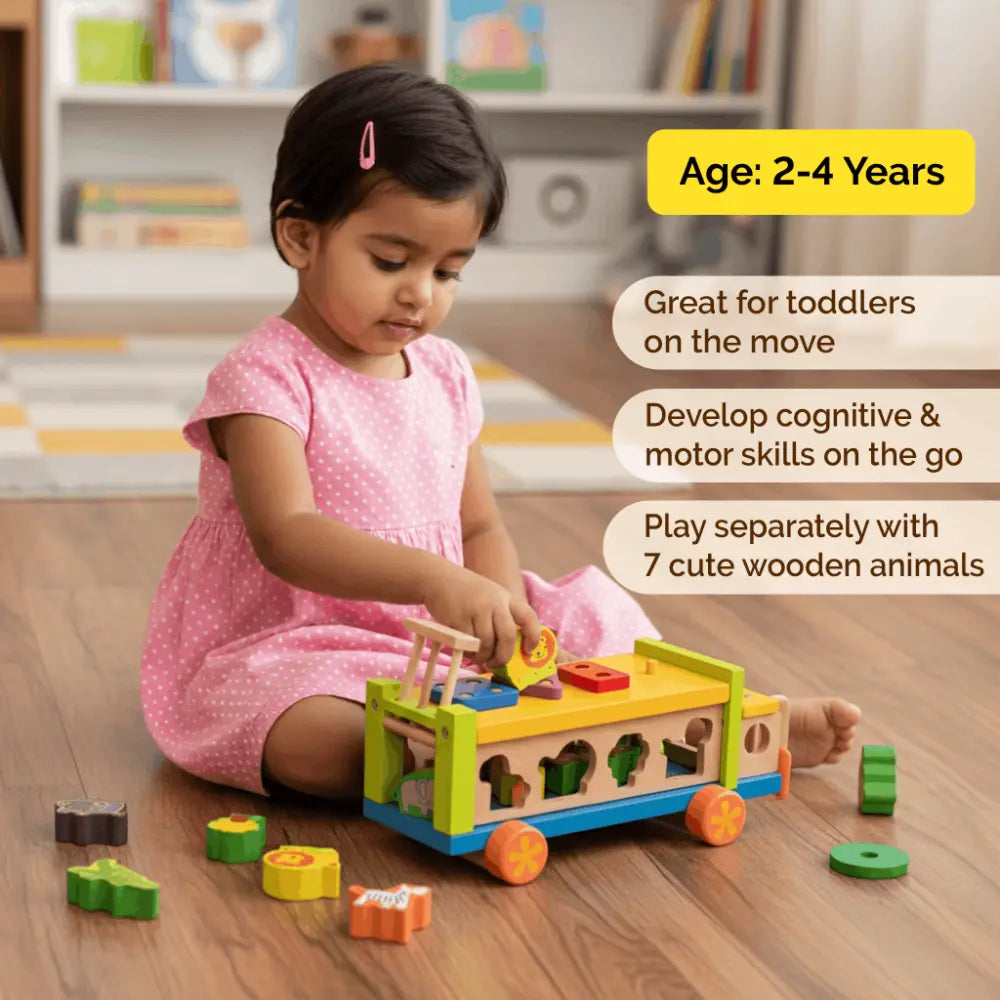 Shumee Wooden Animal Shape Sorter Pull Along Truck | Educational Wooden Toy for Kids 2+ Years