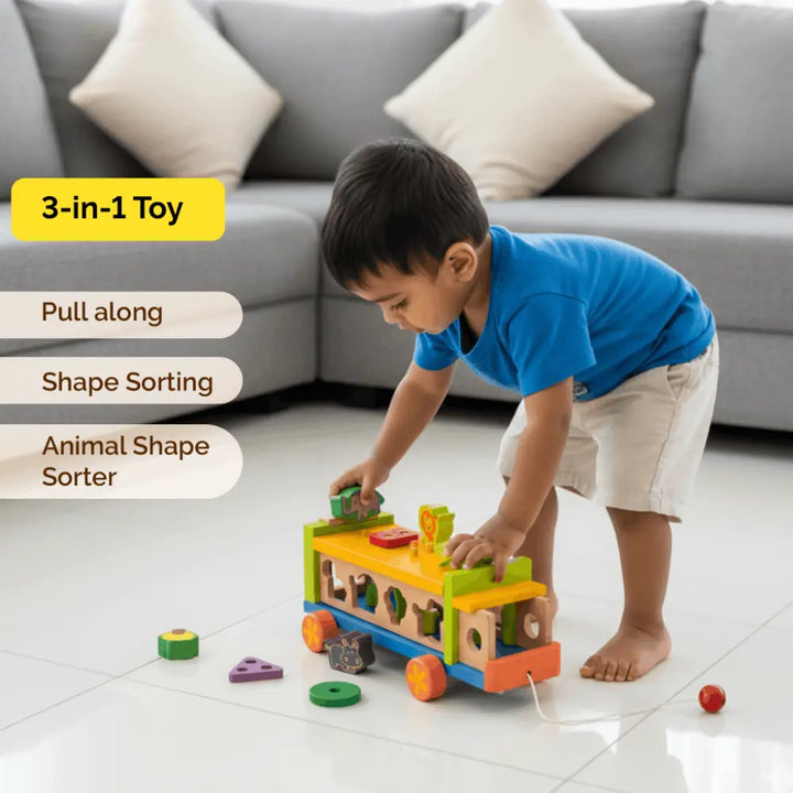 Shumee Wooden Animal Shape Sorter Pull Along Truck | Educational Wooden Toy for Kids 2+ Years