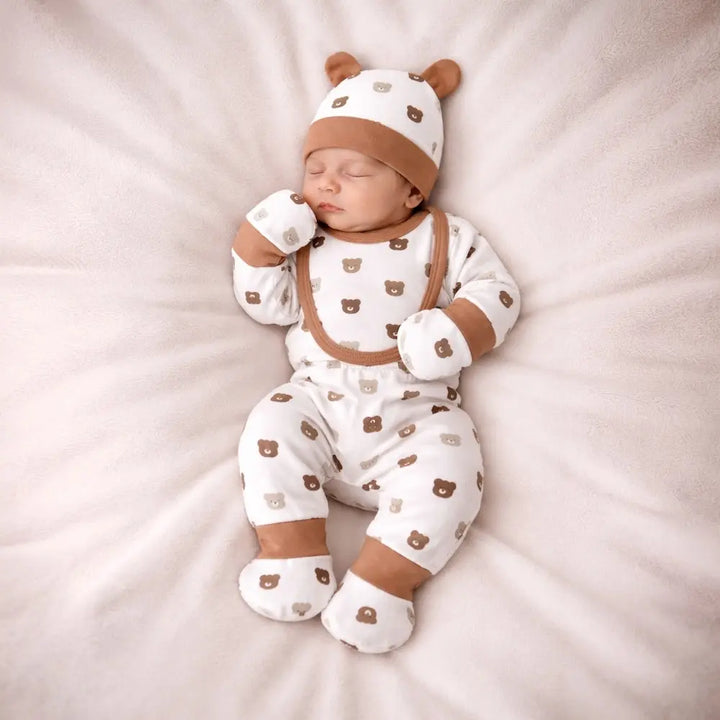Prekies Newborn Baby Essentials Gift Set - 10-Piece Bear Print Set - Cream &amp; Beige